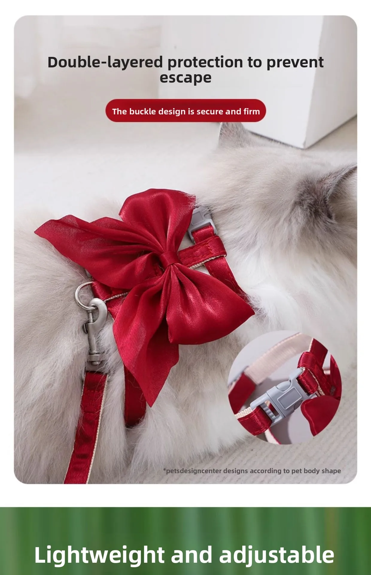 1 Stück 120cm Katzengeschirr-Set mit Großer Schleife, Niedliches Haustier-Brustgeschirr für Spaziergänge im Freien, Atmungsaktiver Weicher Sicherheitsgurt für Kleine Hunde und Kätzchen – Detail 3