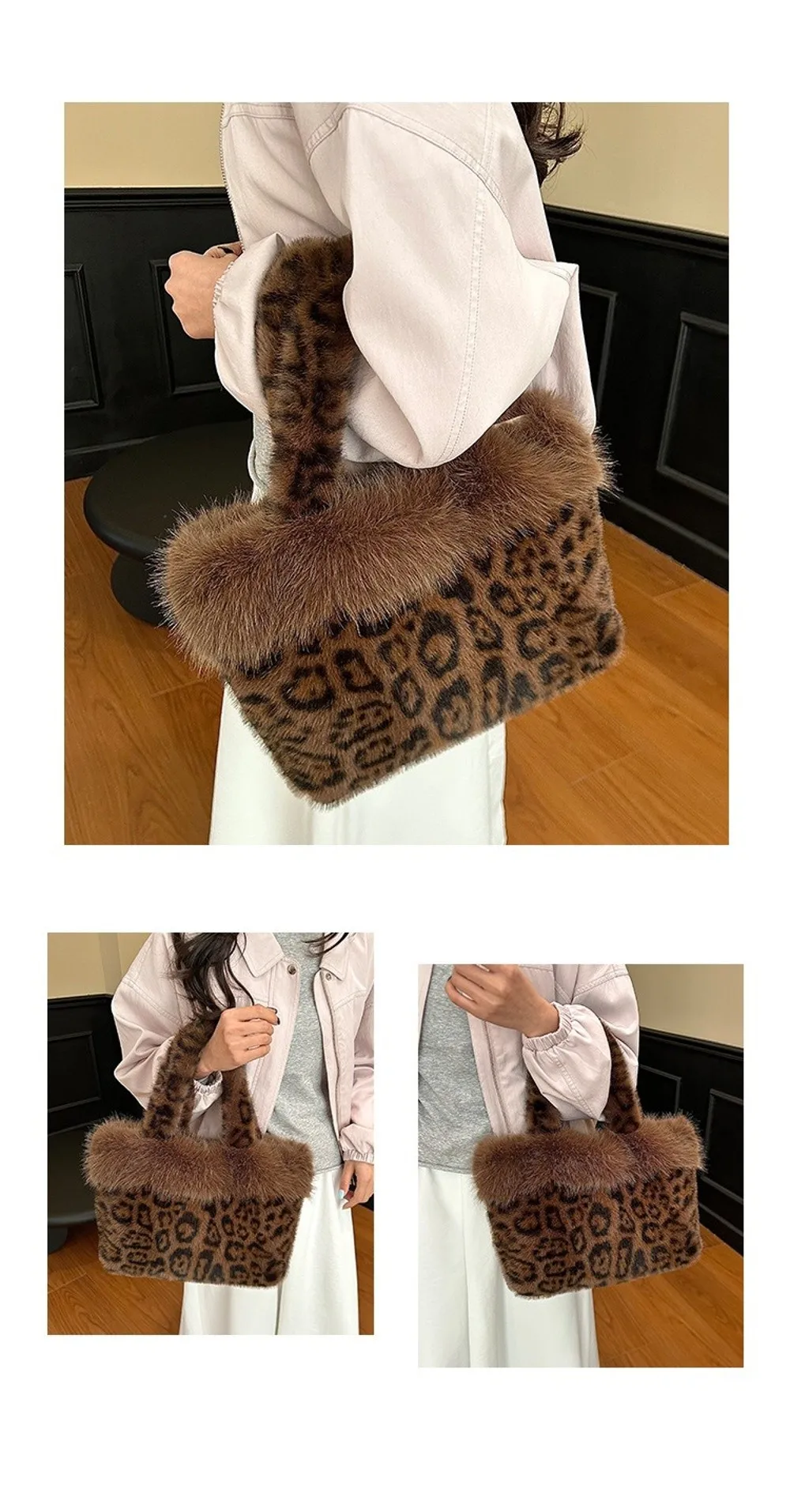 Modische Leopardenmuster-Fell-Tragetasche Warme Weiche Schultertasche Große Kapazität Flauschige Handtasche für Damen – Detail 3