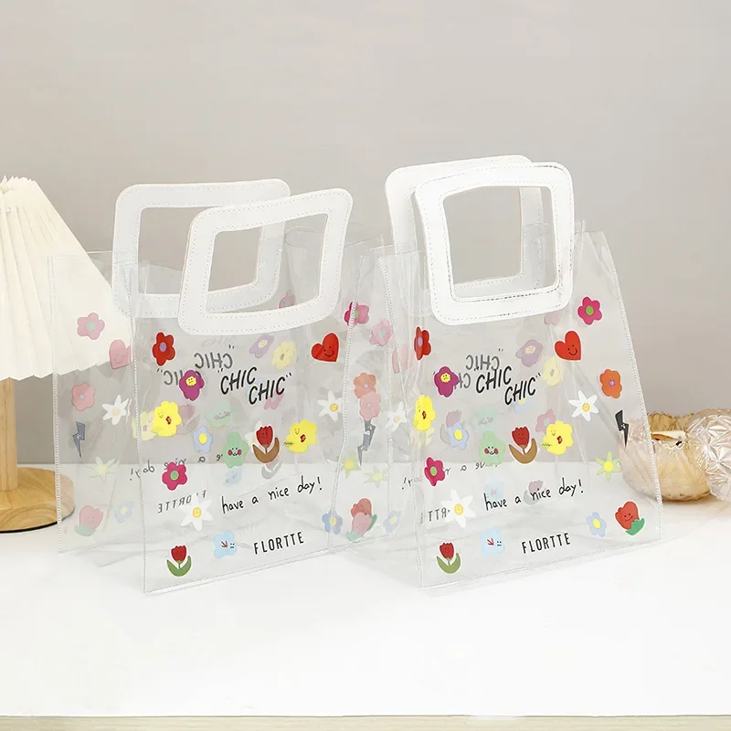 

10 Pcs/Lot Square Leather Tote Gift Bag Holiday/Birthday/Wedding Gift Cute Printed PVC Transparent Gift Bag