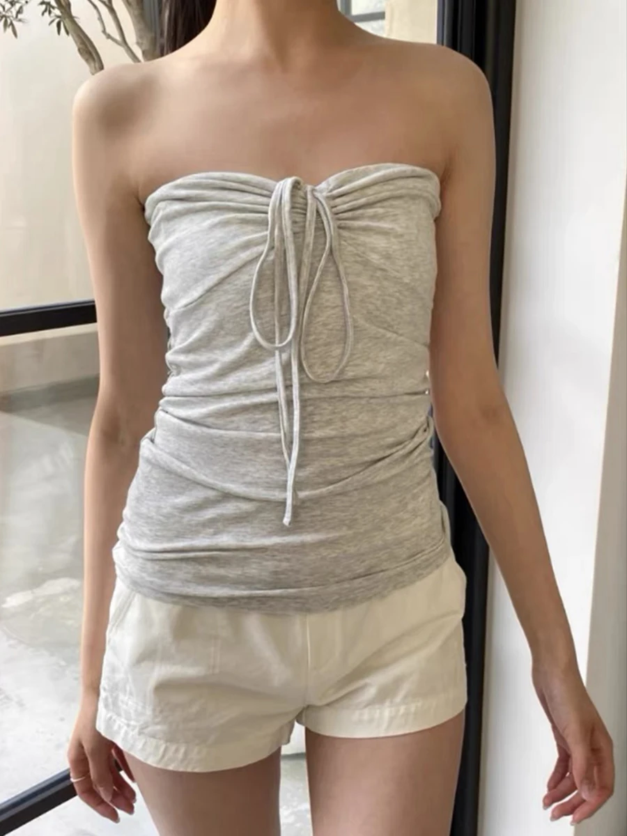 Gray Drawstring Strapless Slim Tank Tops Women Summer Cotton Cropped Halter Camisole Solid All-match Sweet Crop Top Y2k Vest
