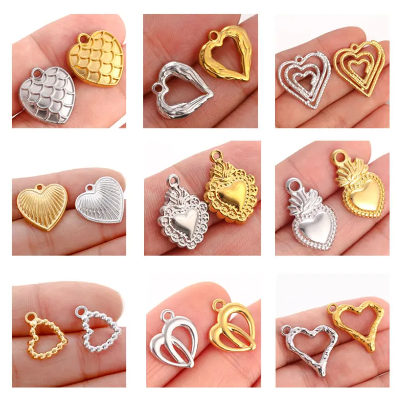 Everfast 10pc DIY Casting Stainless Steel Heart Charms Pendant Men Women Personality Making Jewelry Gift Unisex Can Mix Designs