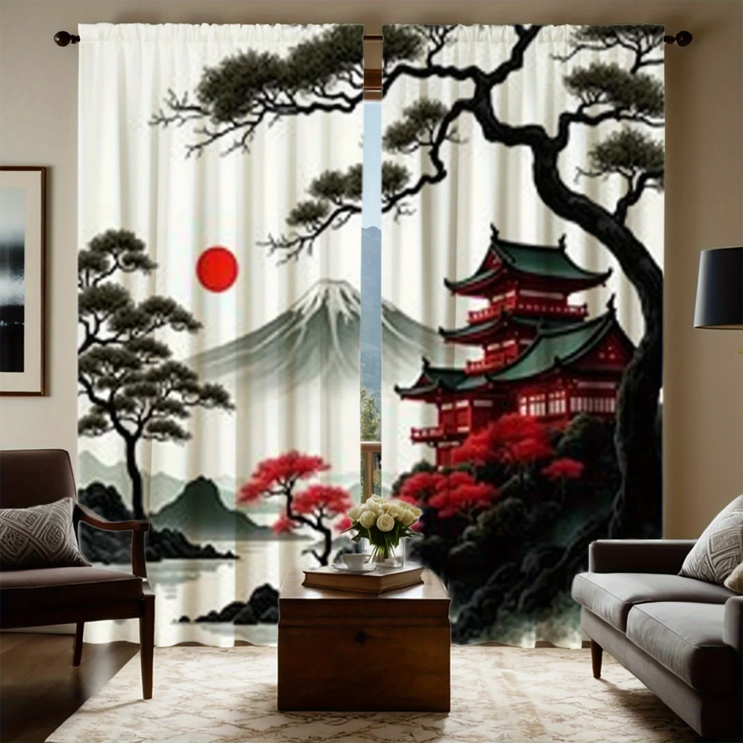 2pc Fuji & Sakura Curtains – Red Maple Print, Sheer Rod Pocket for Living Room, Bedroom & Study