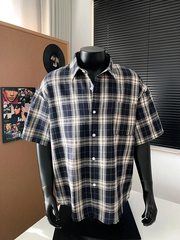 Cobalt Blue Plaid Short Sleeve Shirt Men's Summer American Retro High-End Feeling Cool Casual Half Sleeve Shirt Jacket Trendy