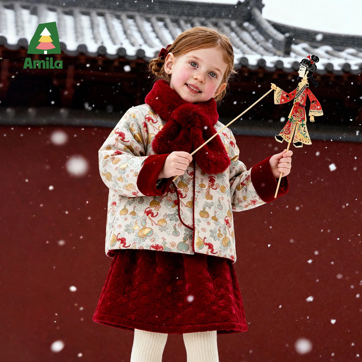 

Amila Kids' Winter Chinese Style Cotton Jacket With Fulu Pattern Buckle Design For Winter Celebration And New Year's Dress Up