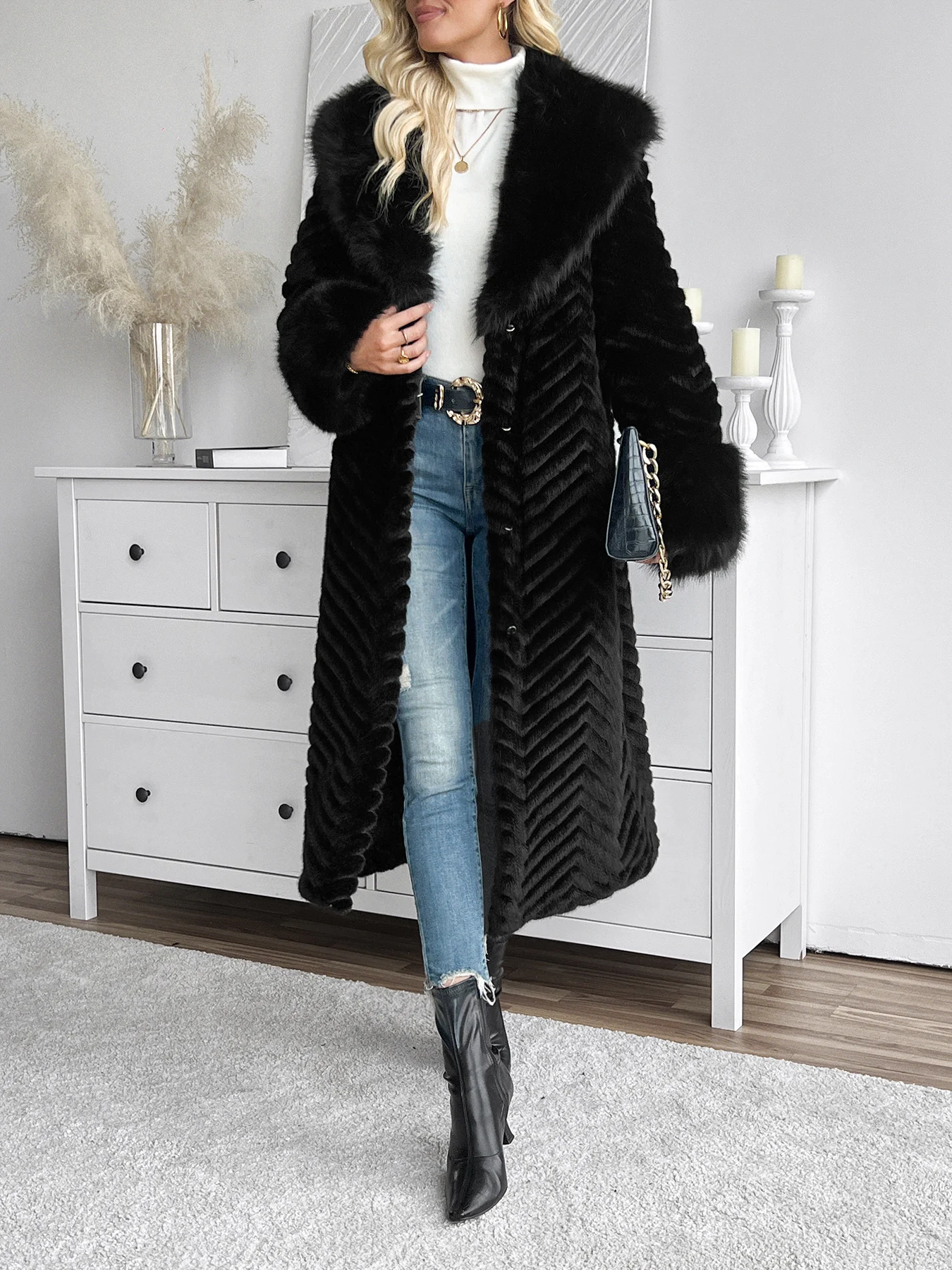 Imitation mink fur coat letter W print imitation fox fur collar + fur sleeve long women's autumn and winter coat