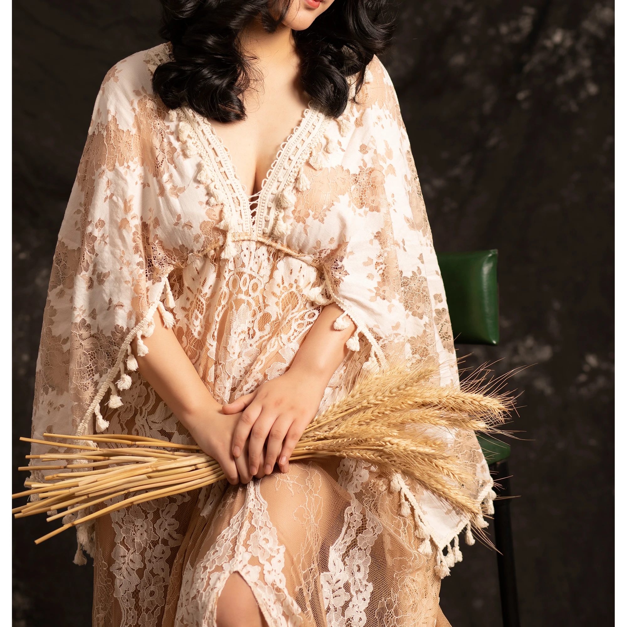 Don&Judy Boho Lace Appliques Maternity Photo Shooting Dress Vintage Fringe Sleeves Bohemian Pregnancy Women Photography Dresses