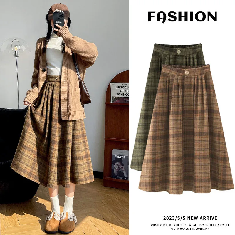 Vintage Woolen Plaid Skirts for Women Autumn Winter High Waist Midi Skirts College Style A line Skirts Female Clothing for Women