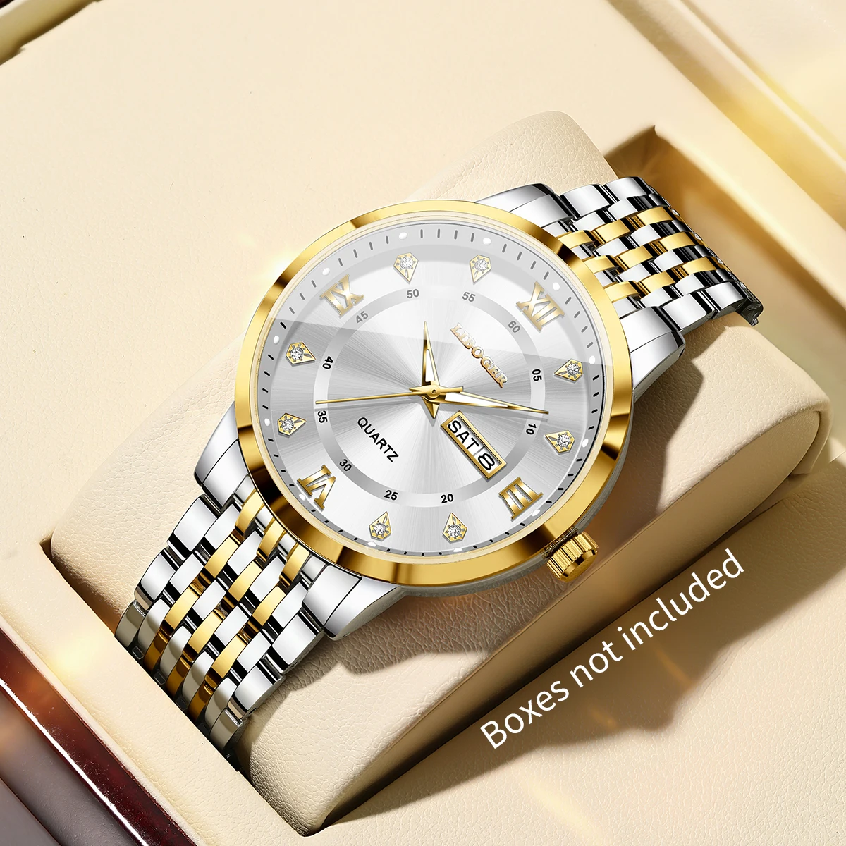 Luxury Men Business Watches Stainless Steel Band Diamond Dial Calendar Quartz Wristwatch Reloj Hombre Clock Gift (Without Box)