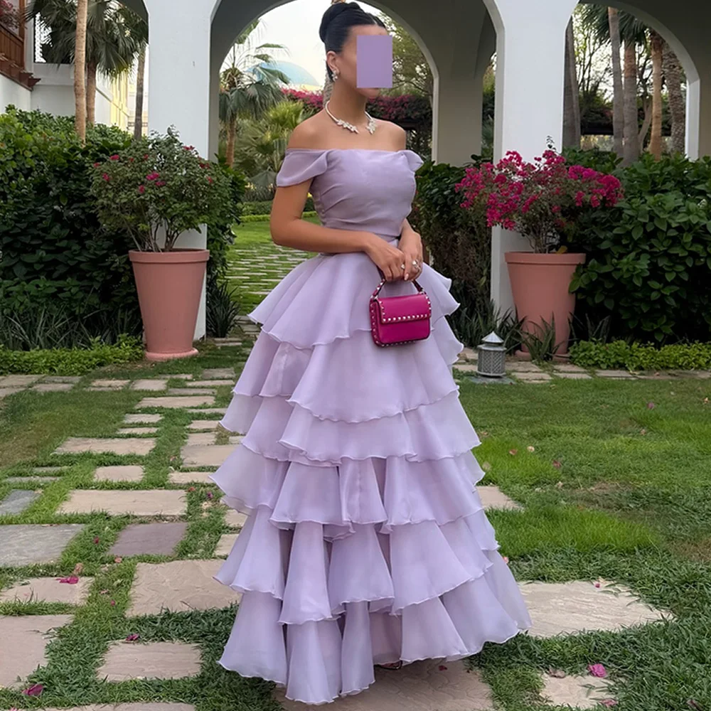 Elegantes lila abgestuftes Organza-Abendkleid, maßgeschneidert, schulterfrei, Heimkehrkleider, Reißverschluss hinten, Kleider für besondere Anlässe