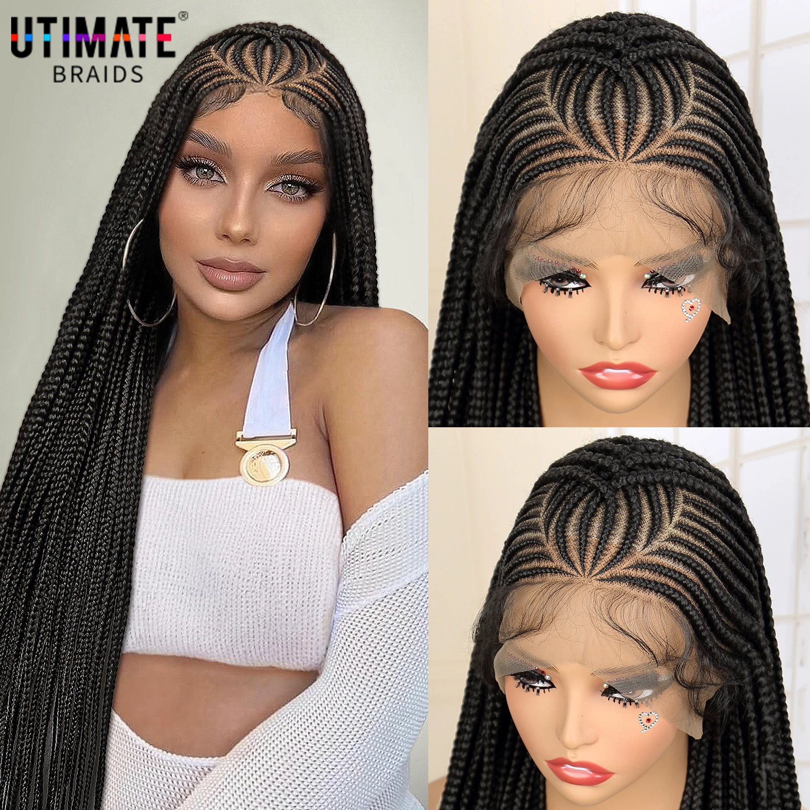 Wig kepang Cornrow Full renda HD sintetis dengan rambut bayi untuk wanita warna hitam Wig kepang kotak tanpa simpul 36 inci Wig kepang Putar