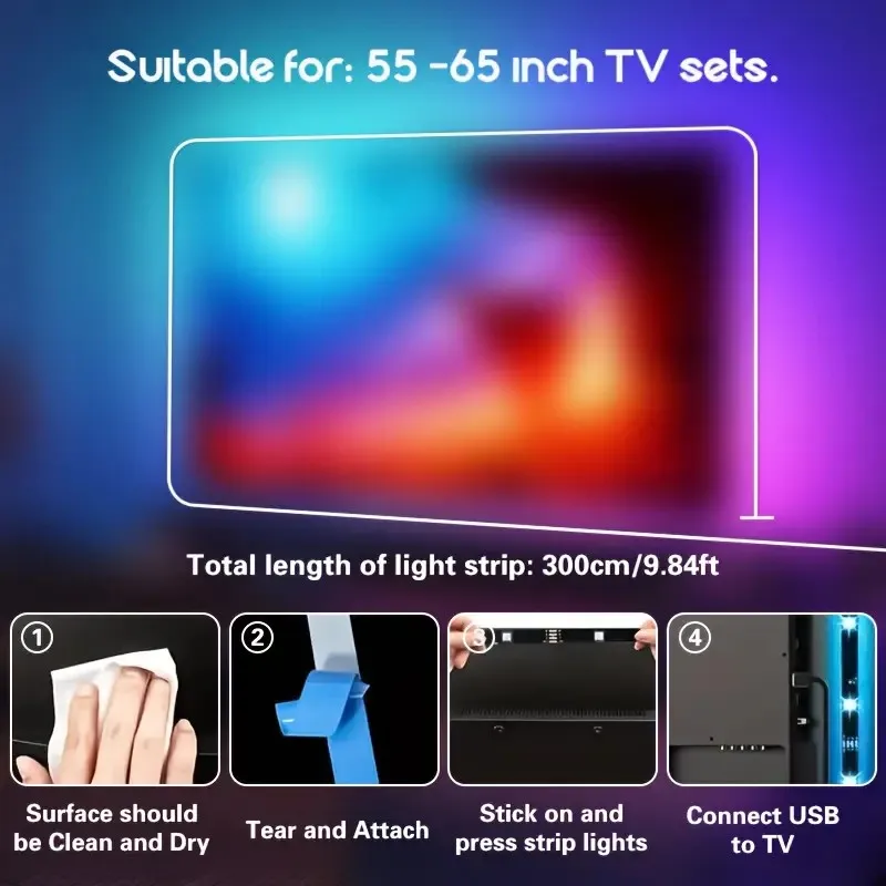 إضاءة خلفية LED للتلفزيون الذكي مع كاميرا لشاشات 40-50 بوصة، وأضواء شريط LED مزامنة الشاشة والموسيقى، وأضواء تغيير الألوان للتلفزيون