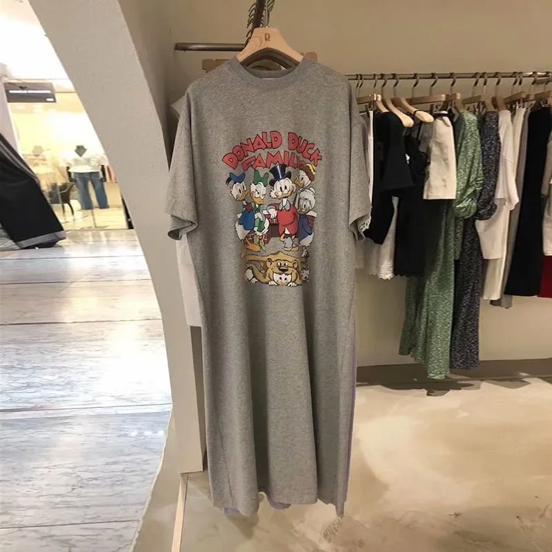 Brand Trend  Summer New Women Dress Mickey Mouse Cartoon Loose Short-sleeved Over-the-knee Long T-shirt Skirt Popular Korea