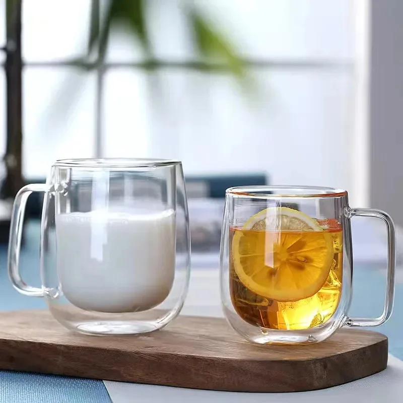 250/350ml Double Wall Glass Coffee Mugs Tea Cups with Handle Thermal Insulted No Condensation Clear Cup for Home Office Bar