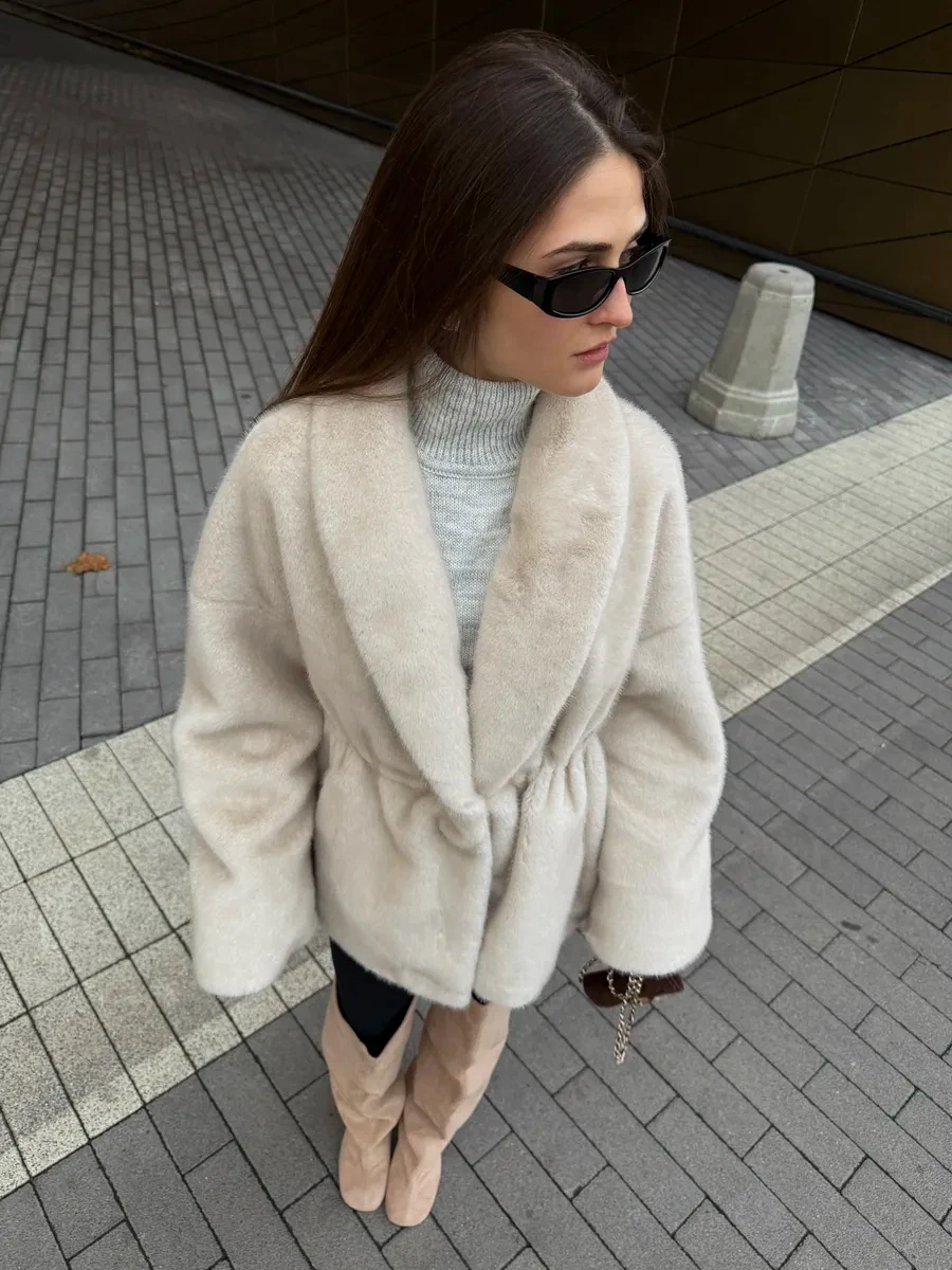 2026 Autumn Winter Women Faux Mink Fur Coat Shawl Collar Padded Lining Drawstring Waist Long Jacket Cream