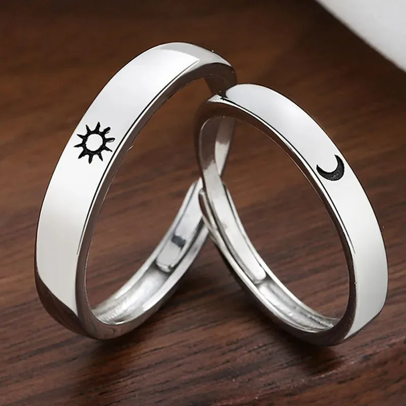 1/2pcs Simple Sun Moon Couple Rings Women Men Fashion Opening Adjustable Stainless Steel Lover Valentine Day Gifts Ring Jewelry