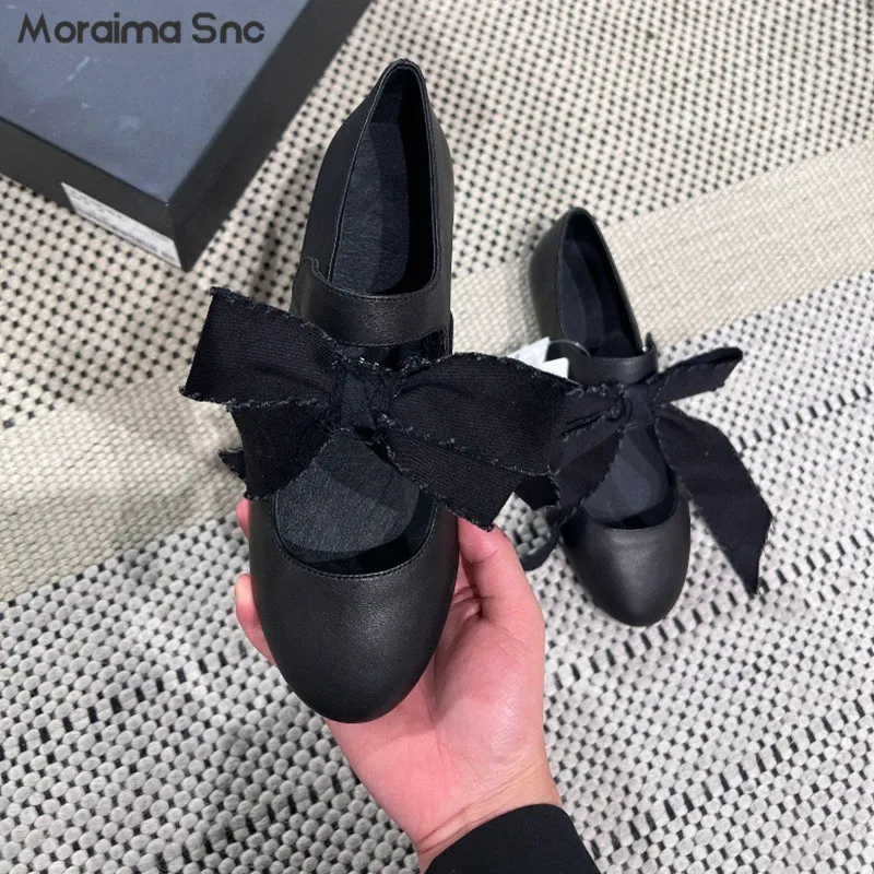 

Black Bow Tie Mary Jane Shoes Niche Design Detachable Bow Leather Retro Ballet Shoes Round Toe Casual Women's Shoes