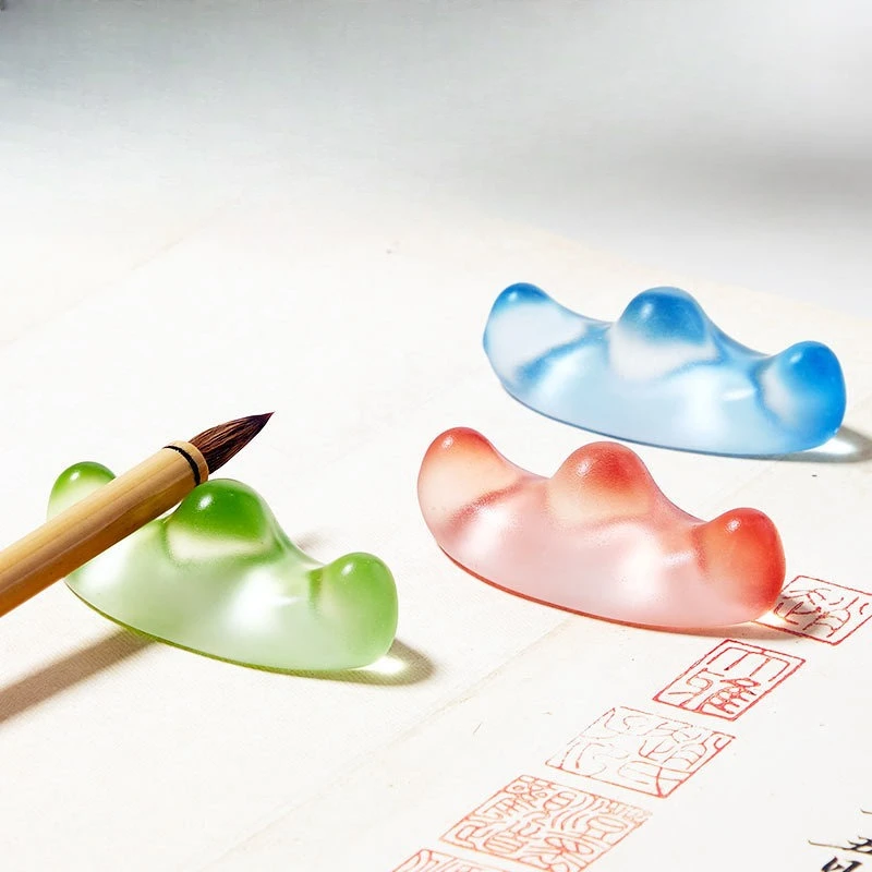 Crystal Glass Pen Rest Chinese Calligraphy Pen Holder Mountain Shape Brush Rack Desk Stationery Decor for Beginner