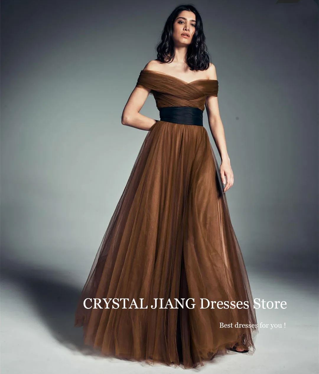 Elegant Long Off the Shoulder Brown Tulle Evening Dresses with Belt فساتين سهره A Line Floor Length Vestidos De Gala Mujer