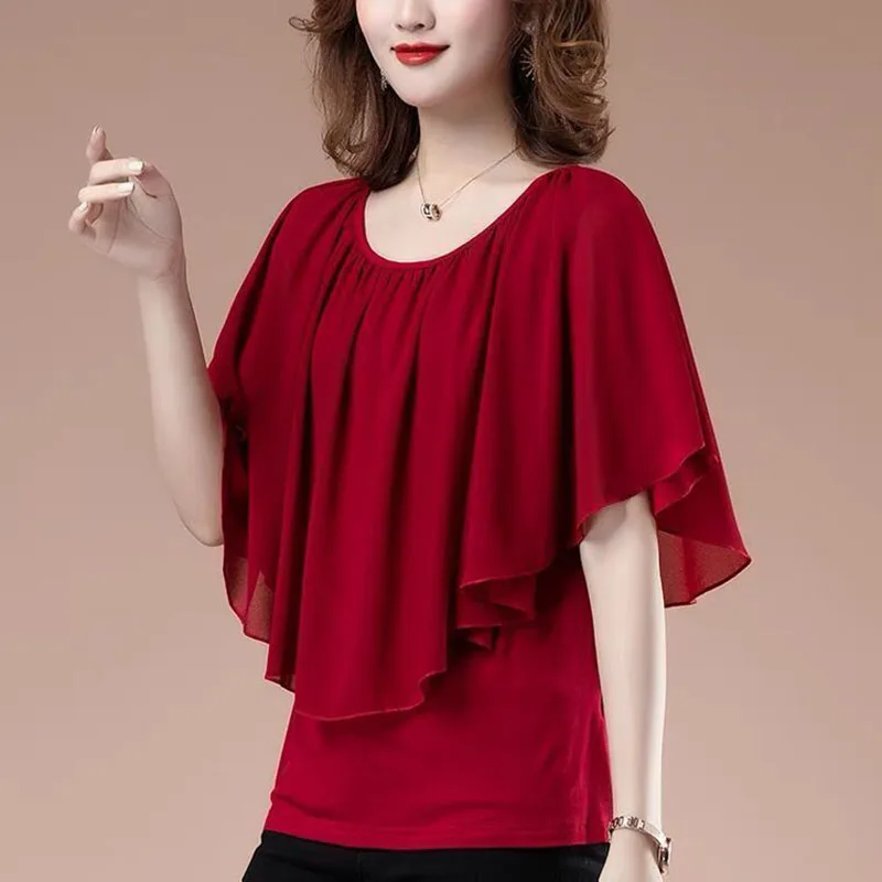 

Женская одежда, новинка лета 2025 года, большие повседневные пуловеры, офисная женская рубашка, элегантная шифоновая блузка с круглым вырезом и рукавами «летучая мышь»