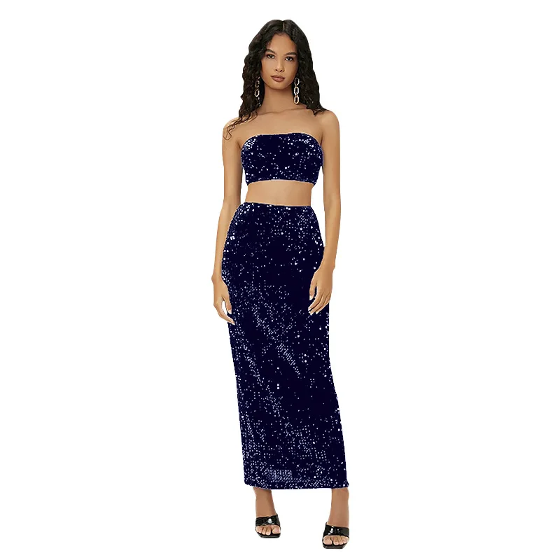 Sequin Fashion Womens Dresses 2 pcs Set Party Dresses Sexy Off Shoulder Evening dresses Female Birthday Cocktail From Prom Dress