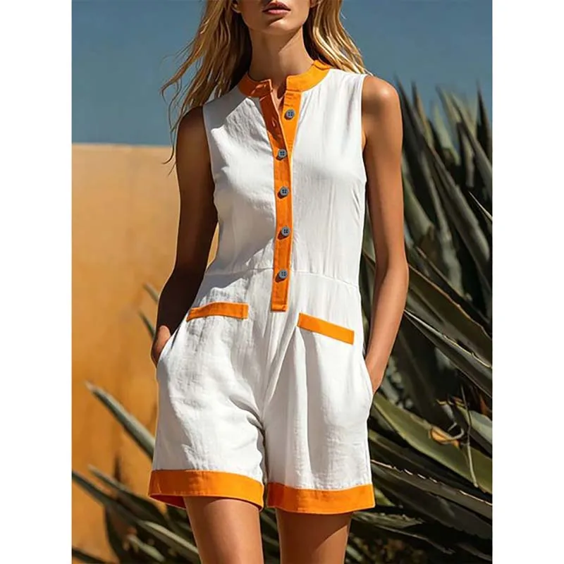 Women's Sexy Sleeveless Romper Contrast Stand Collar Button Pocket Casual Short Romper Loose Beach Vacation One Piece Jumpsuit