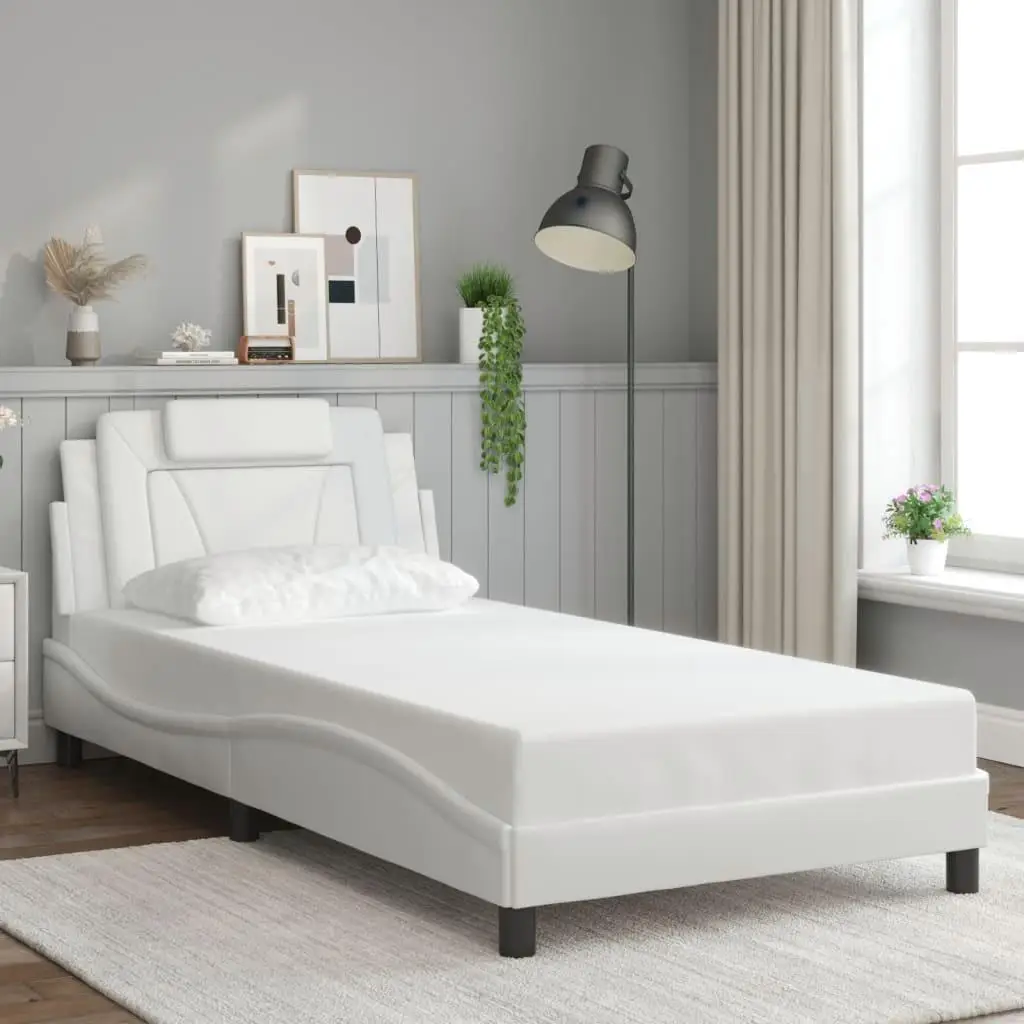 White Faux Leather Bed Frame 39.4x74.8 Without Mattress - Stylish & Durable Design