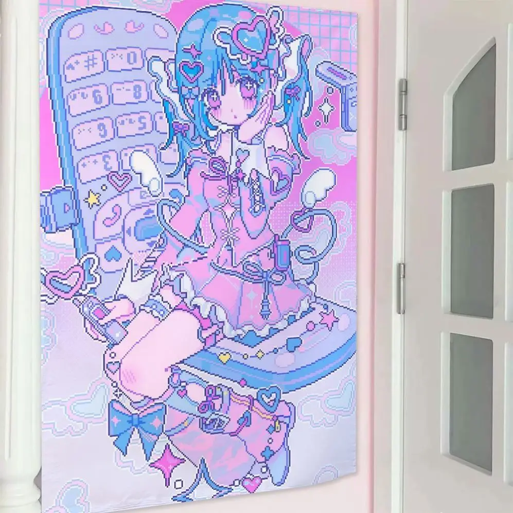 Cartoon Pixel Mädchen Herz Blau Wandbehang Stoff Niedliche Wohnheim-Dekoration Hintergrund für Schlafzimmer Ideal für Mädchen