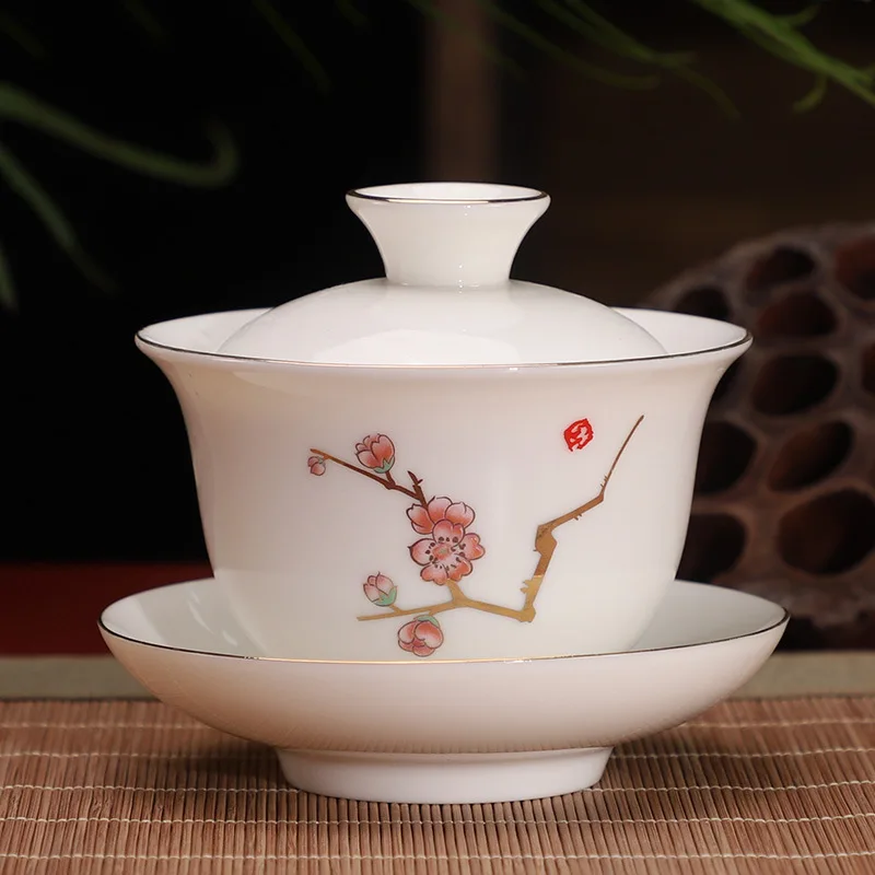 Ceramic White Gaiwan Tea Set Chinese Kung Fu Teaware Pigmented Tea Cup Set Handmade Tea Tureen Home Porcelanas Tea Bowl