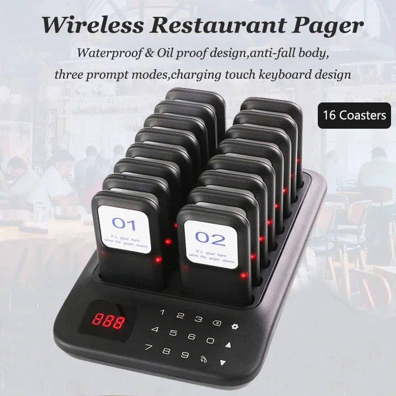 Restaurant Pager System Wireless Calling System 16 Coasters Buzzer Beeper Bell Receivers For Bar Cafe Food Truck Burger Shop