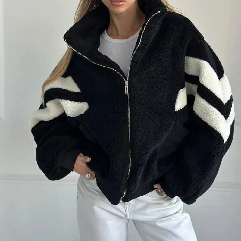 Shake Fleece Jacket for Women's Autumn and Winter New Casual Versatile Loose and Plush Thick Color Blocked Jacket