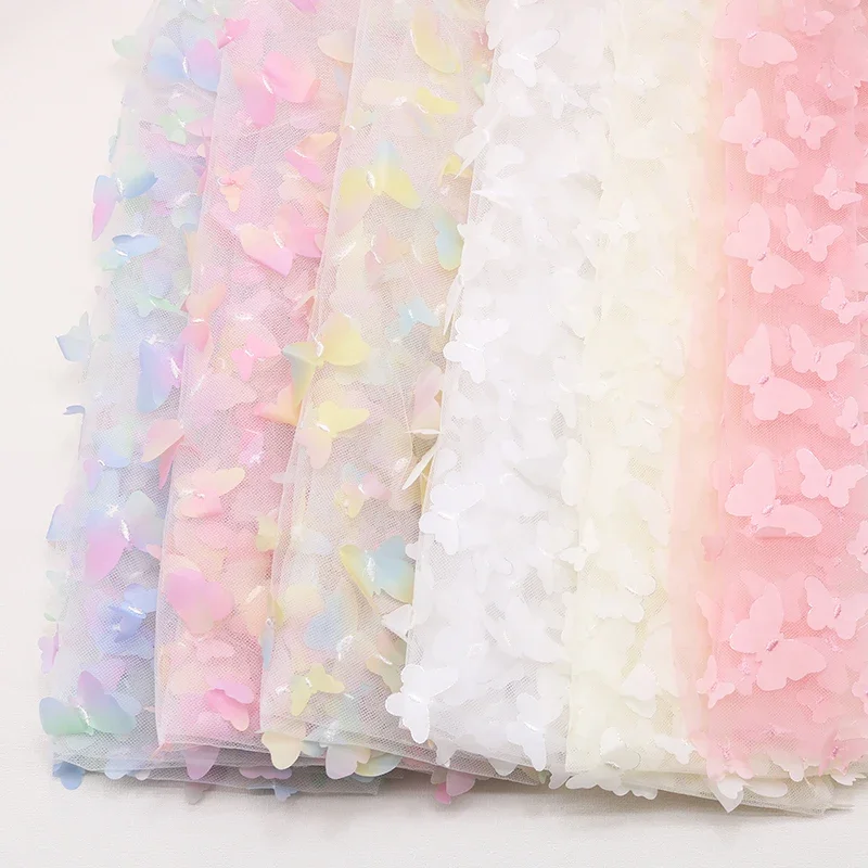 1yards 130cm Wide Rainbow Butterfly 3D Decal Tulle Lace Gradient Flower Children's Clothing Party Decoration DIY Wedding Decor