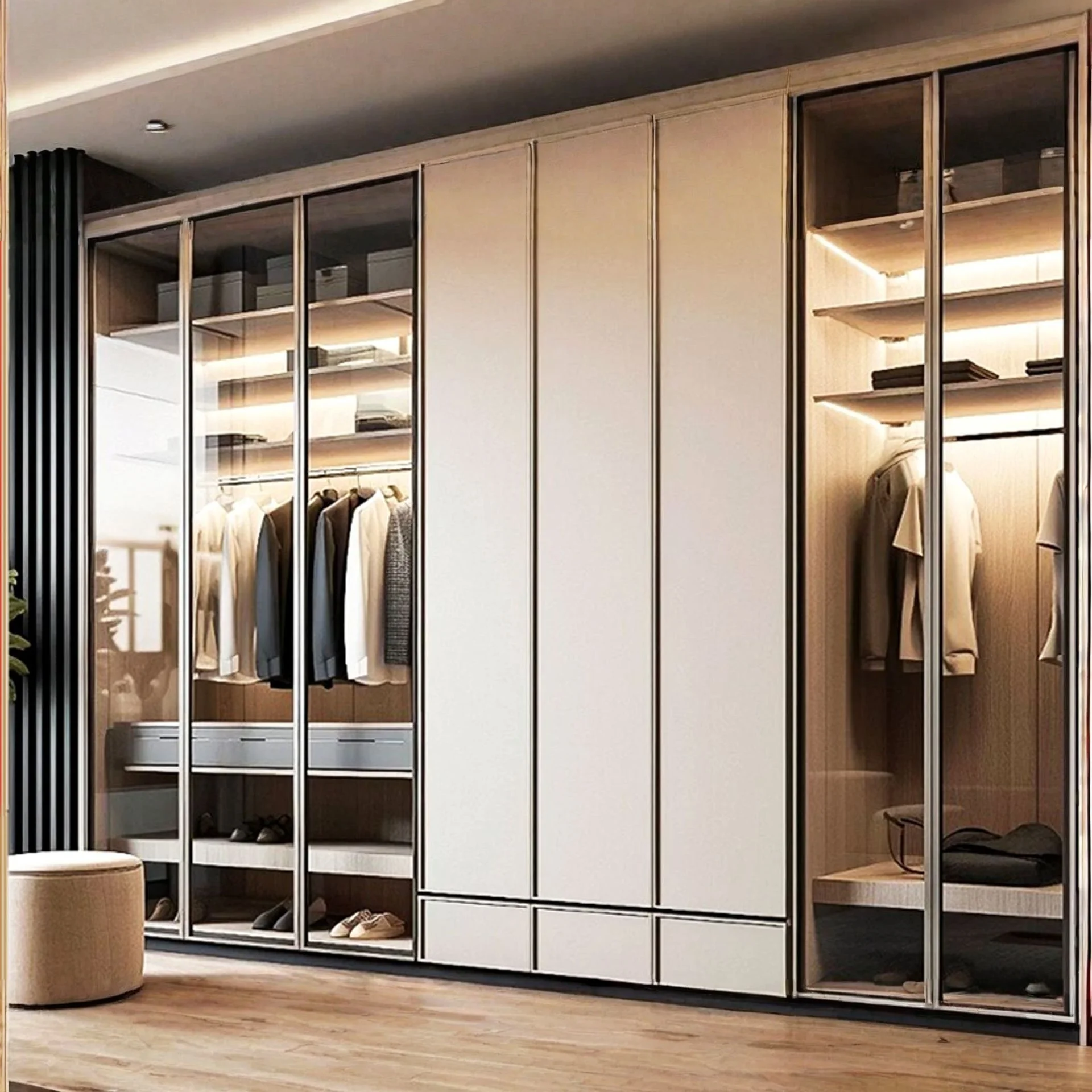 خزانة ملابس مصنوعة حسب الطلب وحديثة وبسيطة من سبائك الألومنيوم وأبواب زجاجية وتصميم قائم بذاته لغرفة نوم الفندق للاستخدام المتين #5