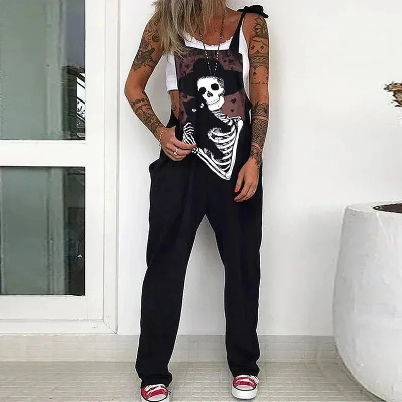 Schädel druck Overall Halloween europäischen amerikanischen Punk y2k Frauen Tasche Rose lässig schnüren träger lose lose Overall Hose neu