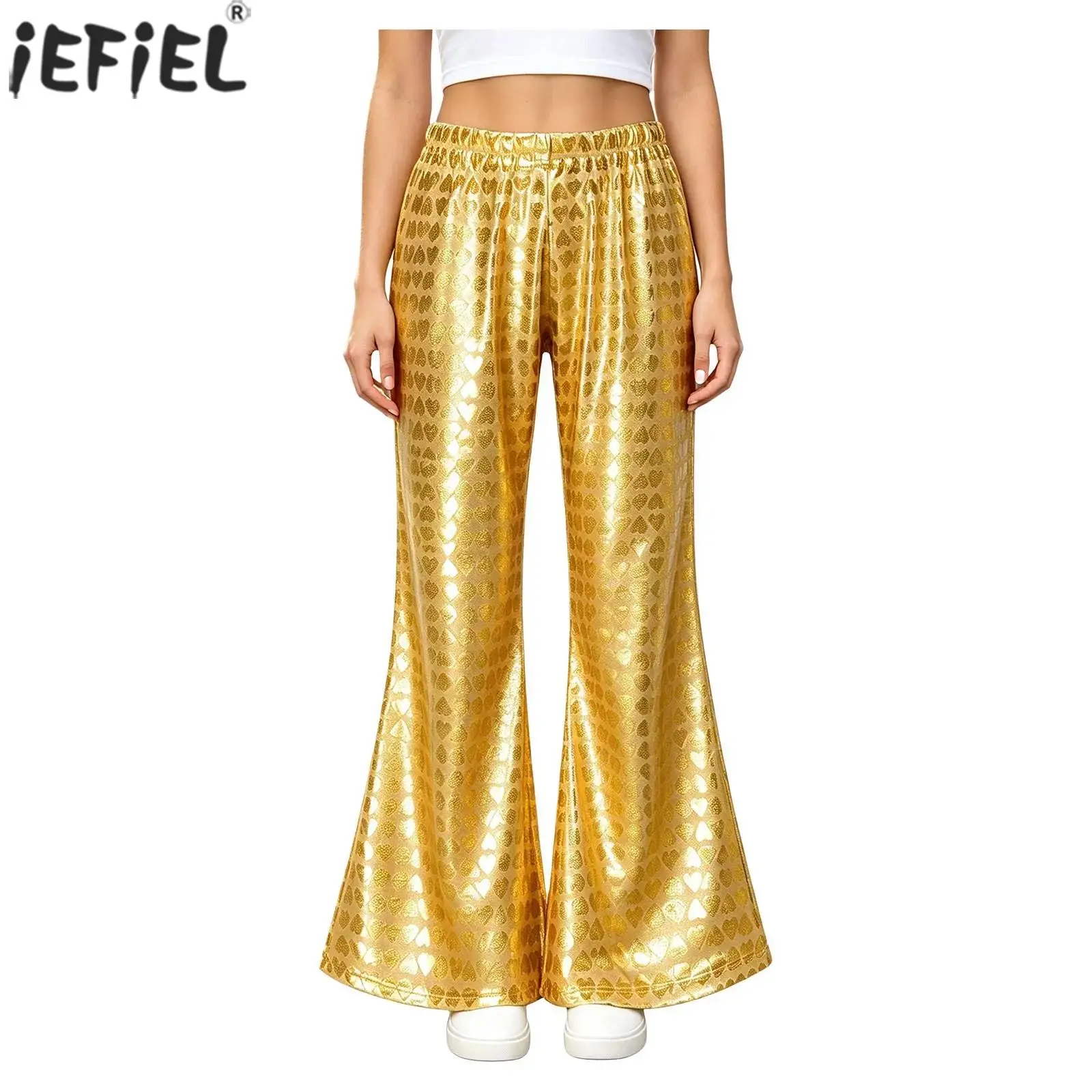 Kids Boys Girls Metallic Hip Hop Jazz Dance Flared Pants Elastic Waistband Heart Printed Bell-bottom Trousers for School Show