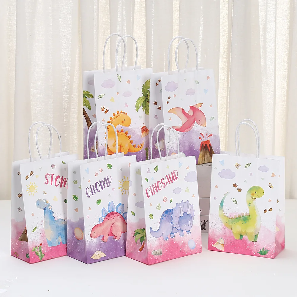 6Pcs Cartoon Jungle Dinosaur Theme Paper Gift Packing Bags Dino Shopping Bag for Kids Birthday Baby Shower Party Deocration