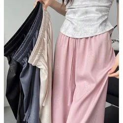 New Women Chinese National Style Satin Printed Casual Pants Lady Baggy High Waisted Wide Leg Trousers Female Straight Leg Slacks