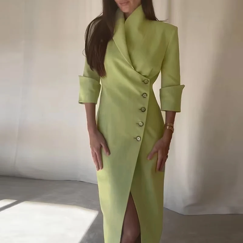 Dame Temperament Revers Hohe Taille Kleid 2023 Herbst Elegante Lange Ärmeln Blazer Kleid Casual Taste Unregelmäßigen Maxi Kleid Vestido
