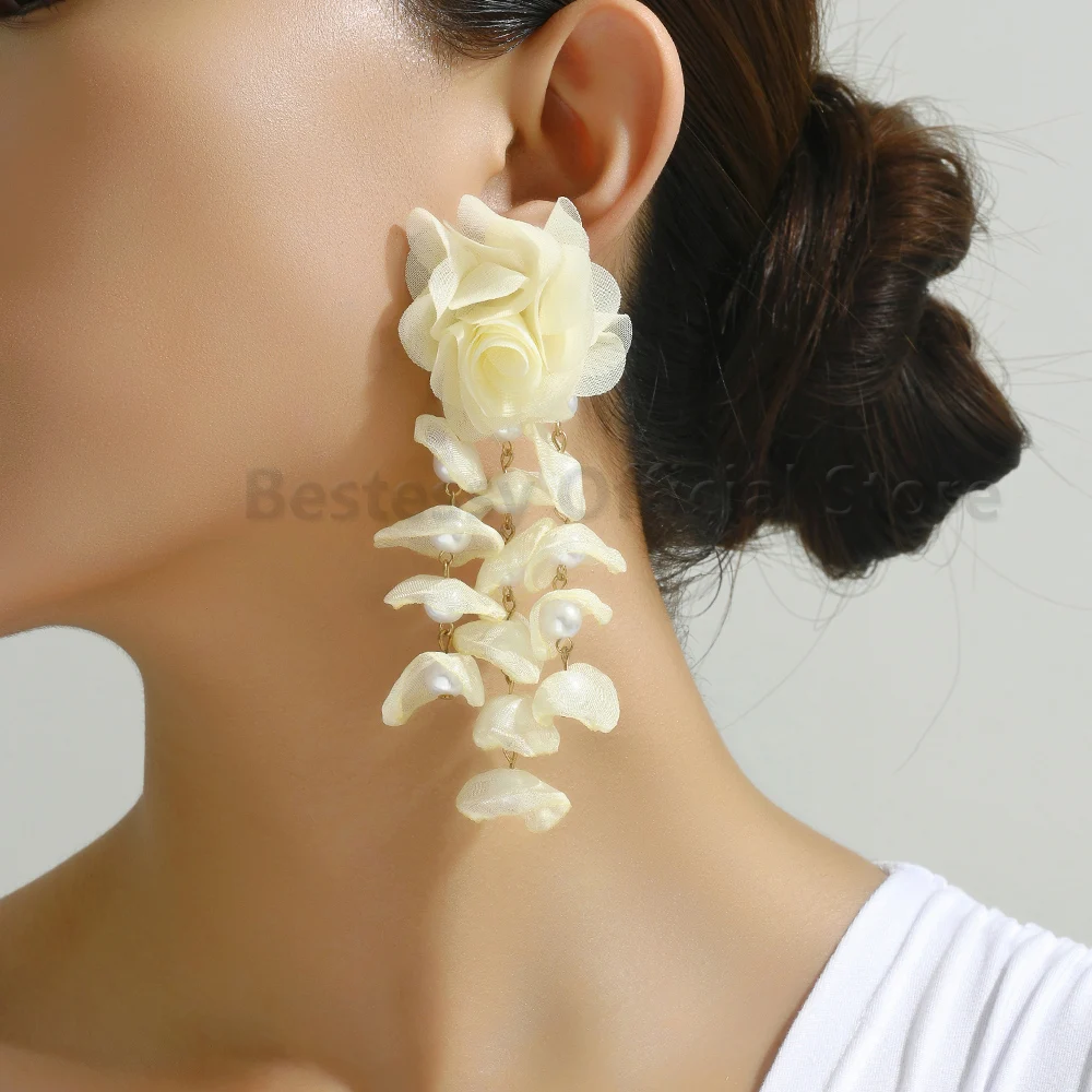 

Korean Fashion Imitation Pearl Tassel Drop Earrings For Women Original Design Luxury Elegant Flower Pendant Girl Wedding Jewelry