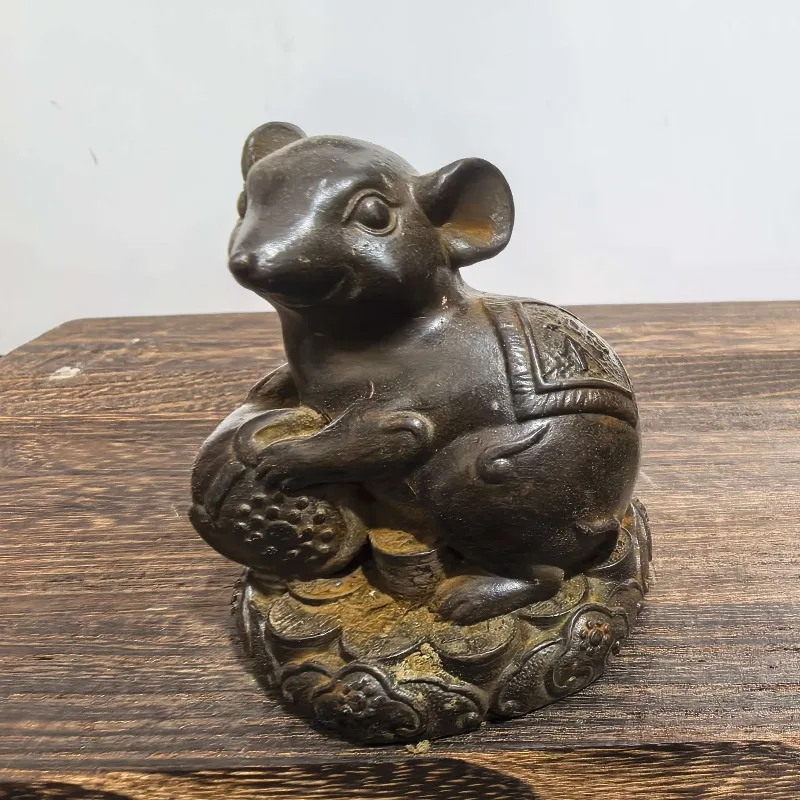 Vintage Bronze‑plated Rat Statue Chinese Zodiac Rat Figurine Ruyi Coin Base Feng Shui Wealth Desktop Collectible Home Ornament