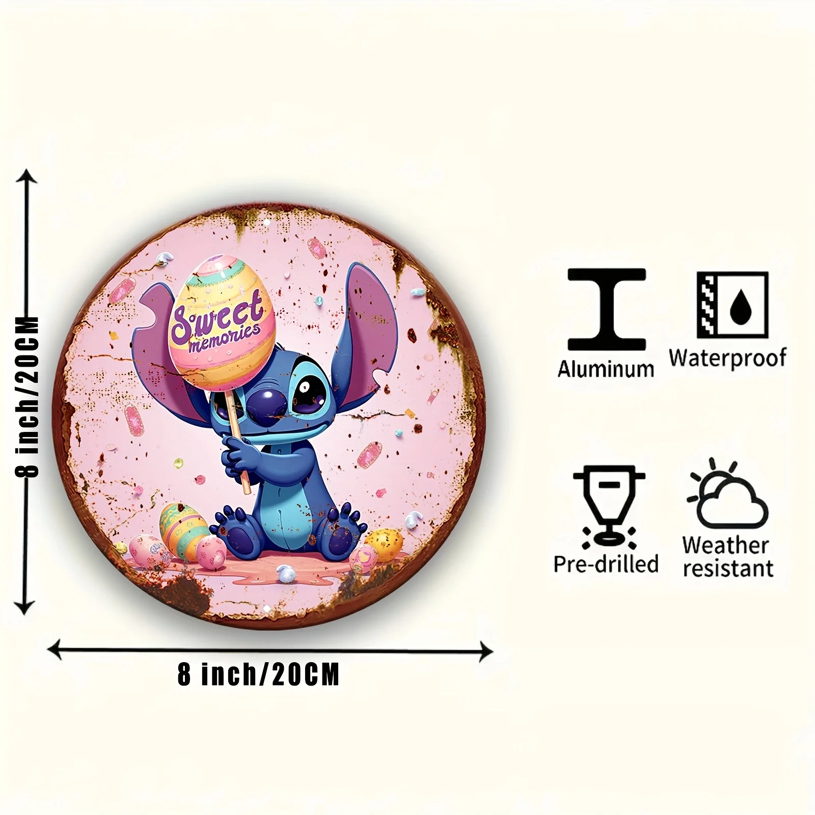 قطعة واحدة من ديكور الحائط - لافتة معدنية دائرية من الألومنيوم مع تصميم ذكريات حلوة، فن نابض بالحياة ثنائي الأبعاد للمنزل والمكتب والمقهى وعيد الفصح
