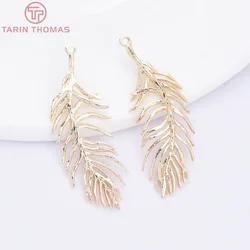 (1552)6PCS 14.5x37MM 24K Gold Color Plated Brass Feather Charms Pendants High Quality Diy Jewelry Making Accessories