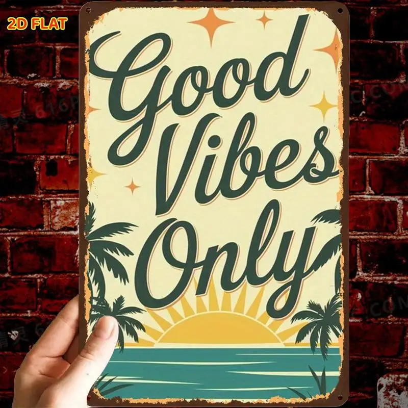 Retro Good Vibes Metal Tin Sign, 2D Flat Decor Plaque, 1 Piece, Pre-drilled Holes, Wall Art for Home Garden Office Bathroom Indo
