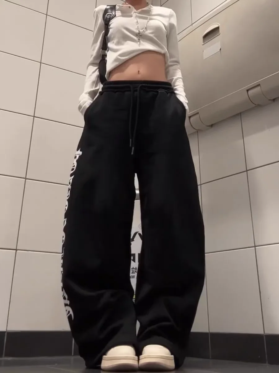 American hiphop carta impressão calças casuais das mulheres de cintura alta retro rua jazz dança perna larga moletom solto ajuste