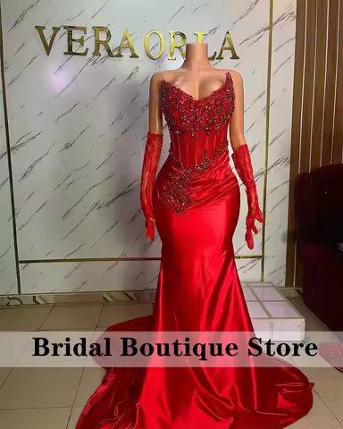 Red Diamonds Prom Dress Two Gloves Beading Rhinestones Crystals Wedding Reception Evening Gown Birthday Party Corset Customized