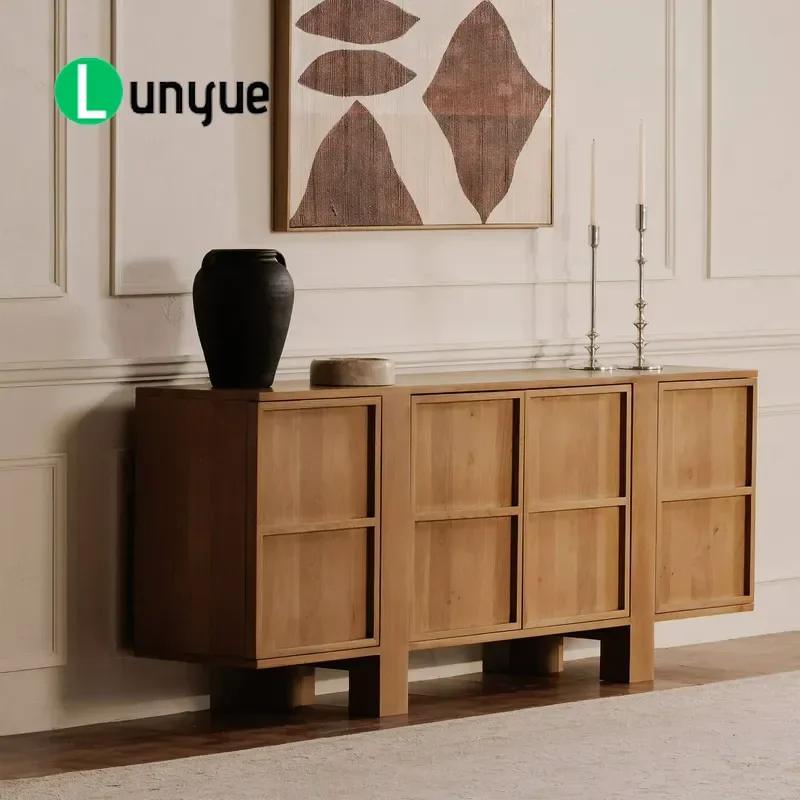 Medieval Style Solid Oak Dining Side Cabinet Handleless 4 Door E0 Grade Freestanding Storage Locker for Living Room Household