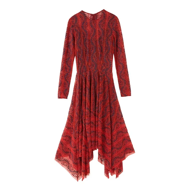 Vestido de encaje calado con estilo exótico, dobladillo Irregular, mezcla de aodón y seda, moda de otoño, vestido de mujer ...
