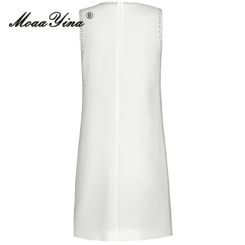 MoaaYina-vestido curto branco para mulher, sem mangas, bordado elegante, mini vestidos bordados, moda passarela, novo, verão