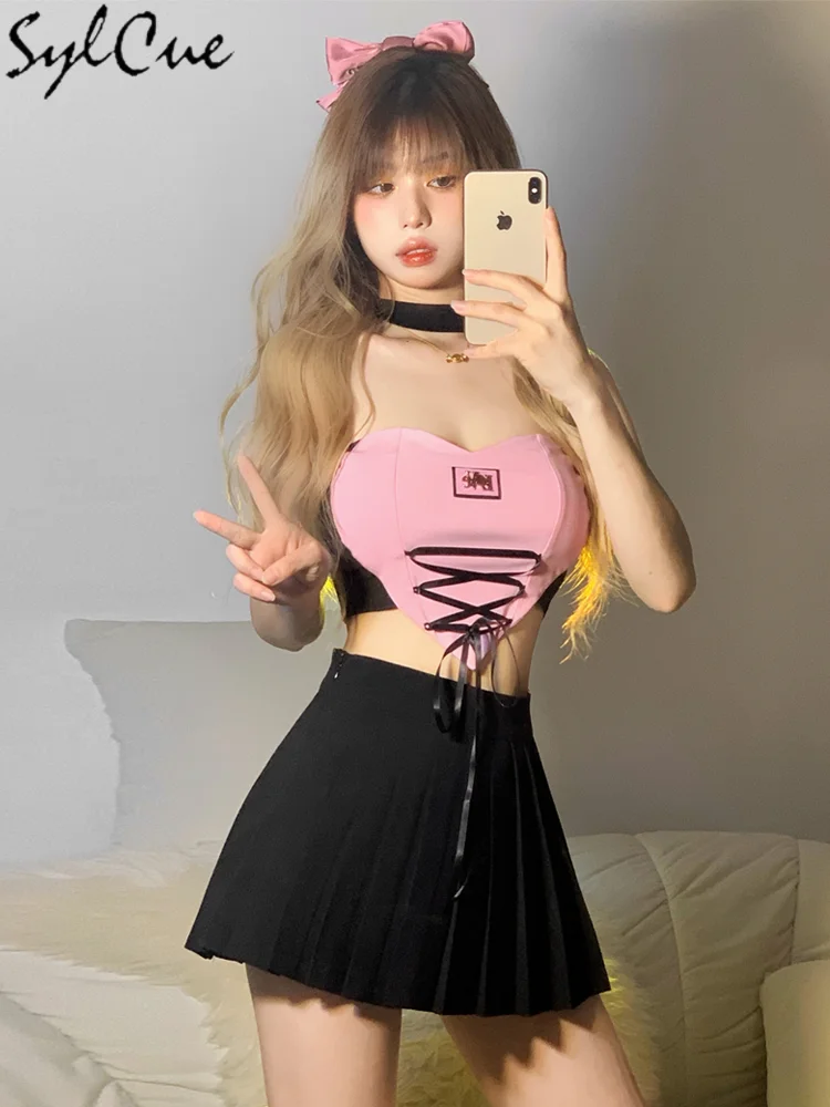 Sylcue Stitching Pink Sexy Hanging Neck Elastic Outer Wear Mature Charm Hot High Street Royal Sister Women's Vest Short Top