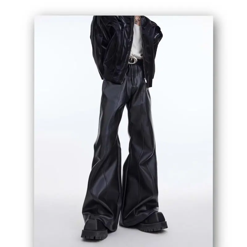 Retro Old Washed Split Design Sense Niche Leather Pants Fashionable Versatile Loose Straight Casual Pants Men