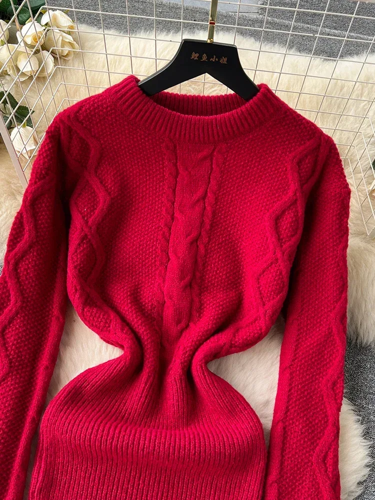 Red Khaki Fried Dough Twists Braid Knitted Dress Autumn Winter New Slim Wrap Hip Knitted Dress Women's